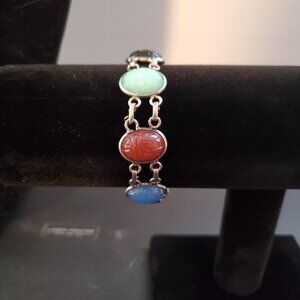 Vintage Scarab Natural Multi stone Link Bracelet 6 1/2 inches.